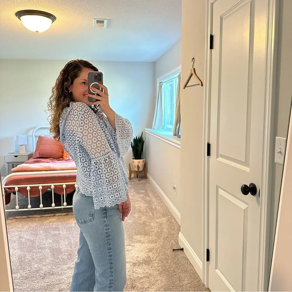 J. Crew Blue Floral Lace Flare Sleeve Blouse Top 6
